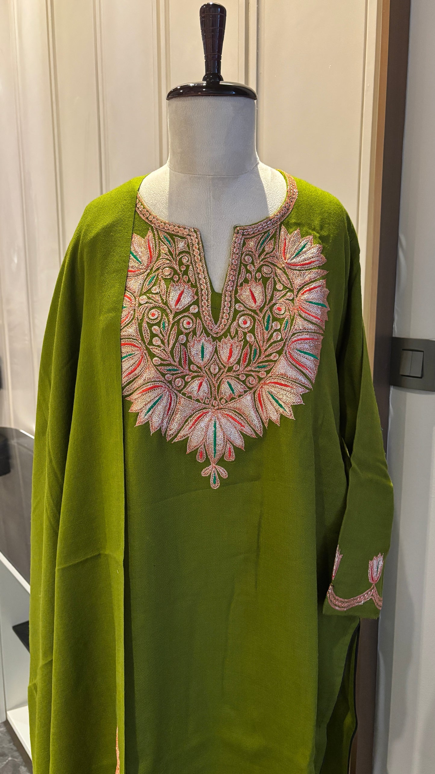 Olive Green Pure Wool Co-ord Set with Puff Tilla Embroidery & Matching Shawl