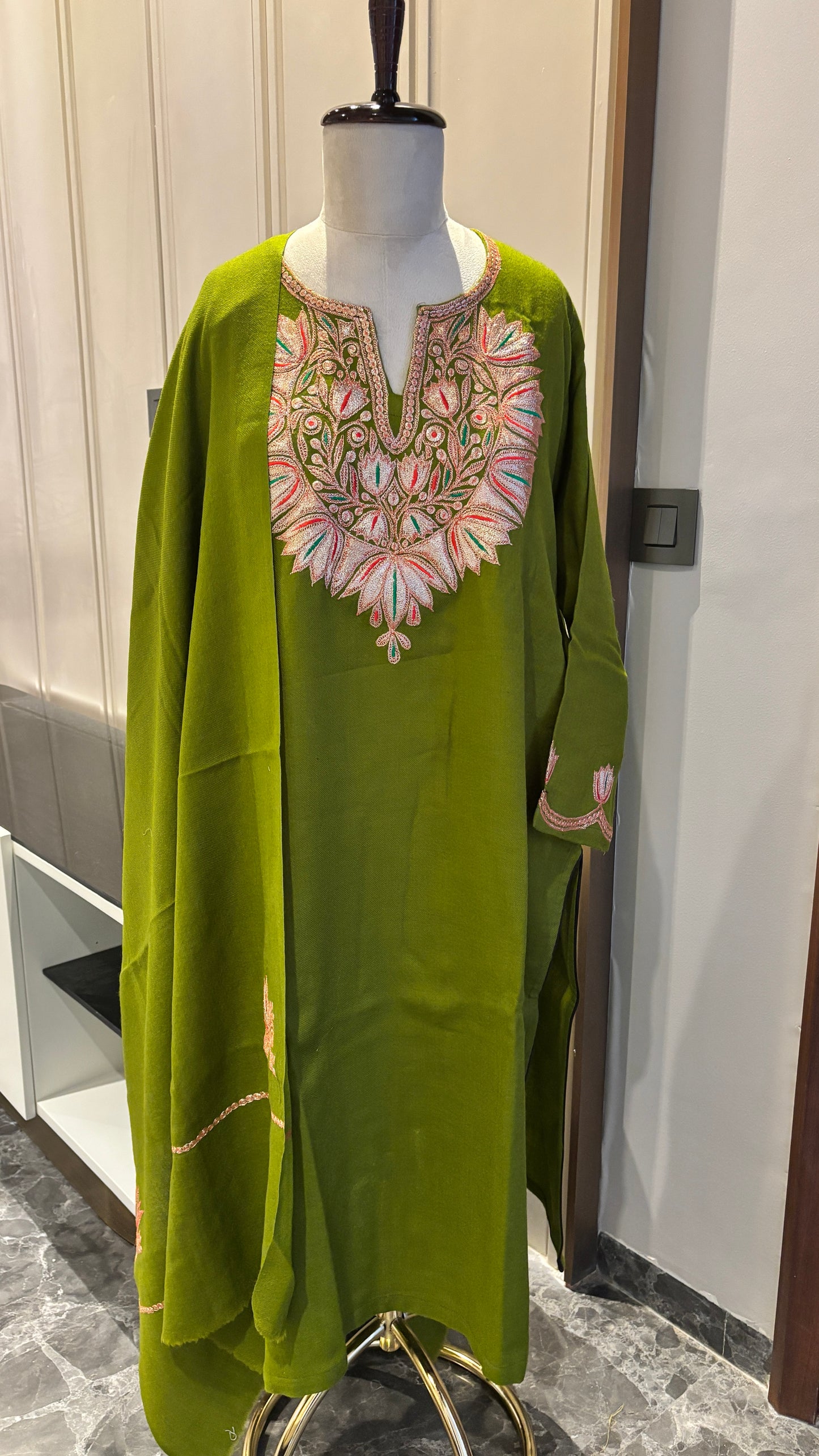 Olive Green Pure Wool Co-ord Set with Puff Tilla Embroidery & Matching Shawl