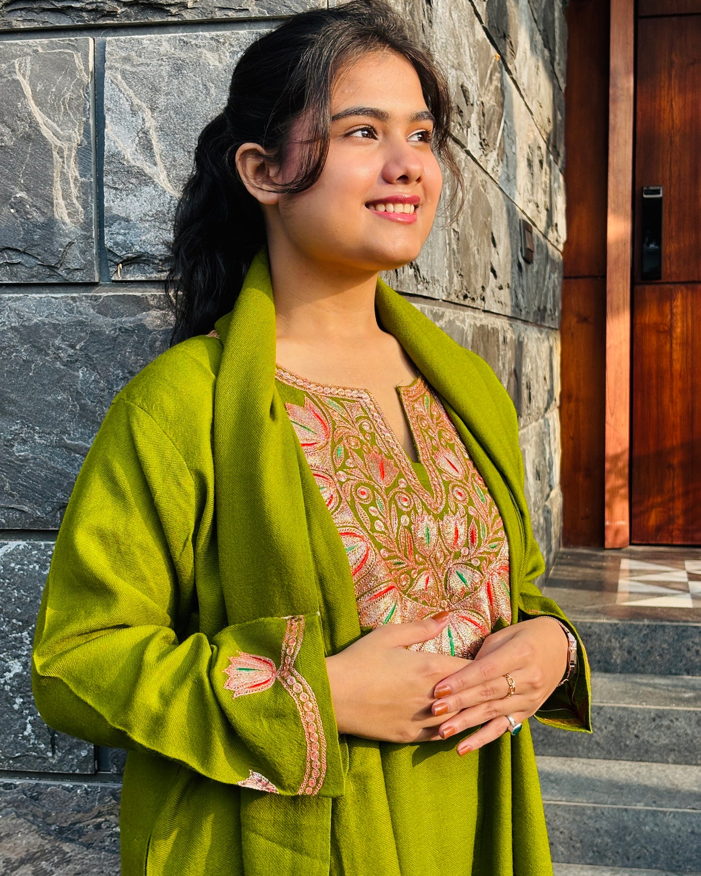 Olive Green Pure Wool Co-ord Set with Puff Tilla Embroidery & Matching Shawl
