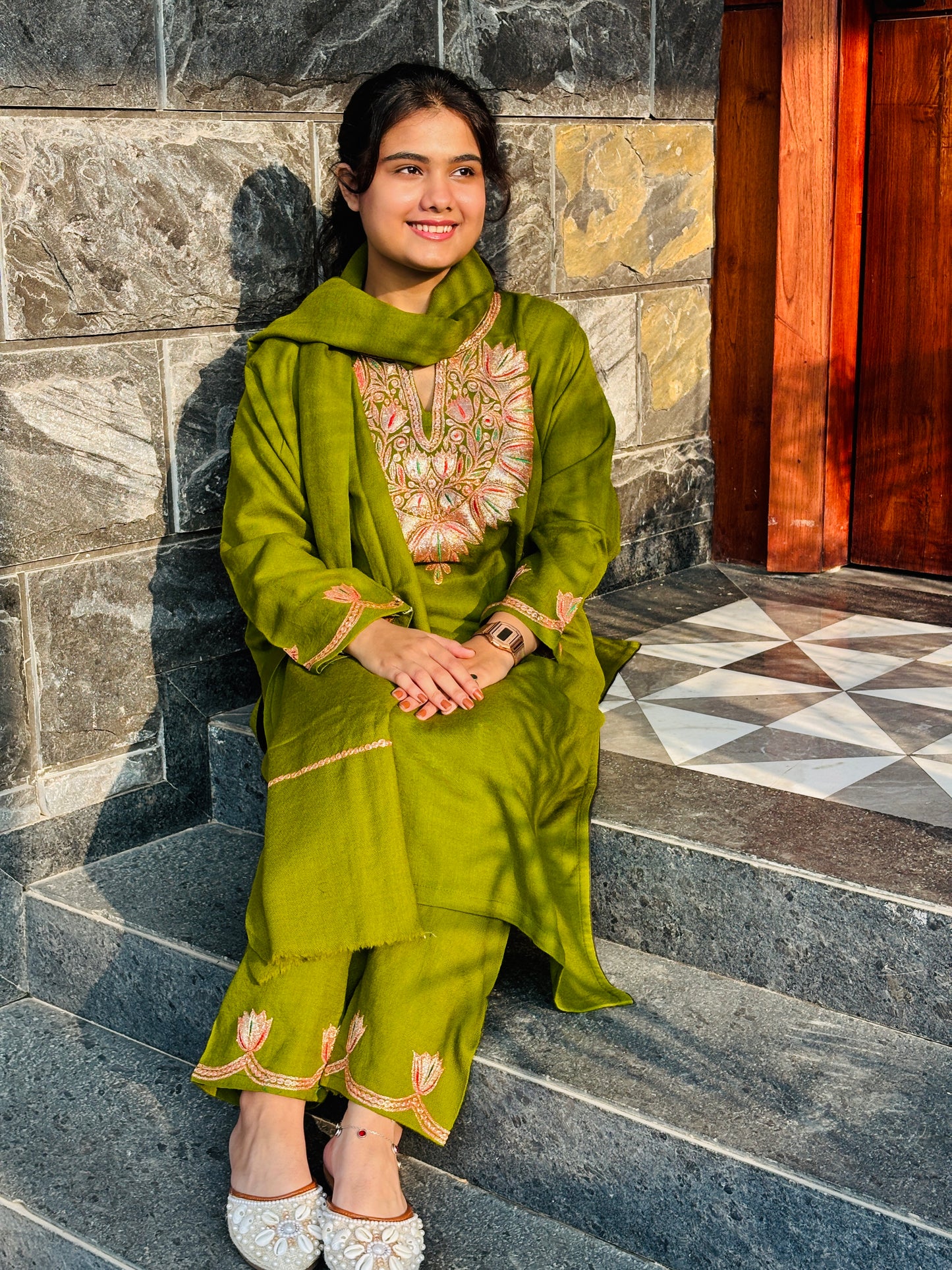 Olive Green Pure Wool Co-ord Set with Puff Tilla Embroidery & Matching Shawl