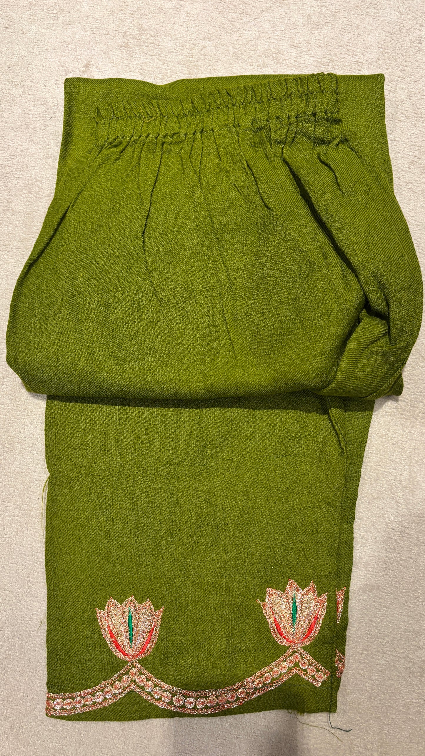 Olive Green Pure Wool Co-ord Set with Puff Tilla Embroidery & Matching Shawl