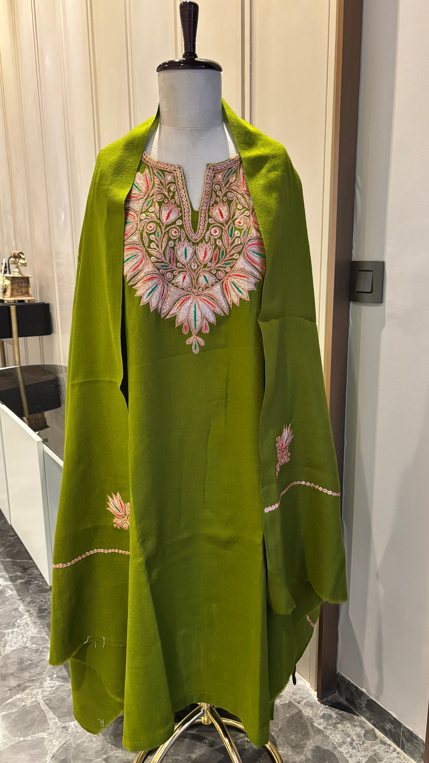 Olive Green Pure Wool Co-ord Set with Puff Tilla Embroidery & Matching Shawl