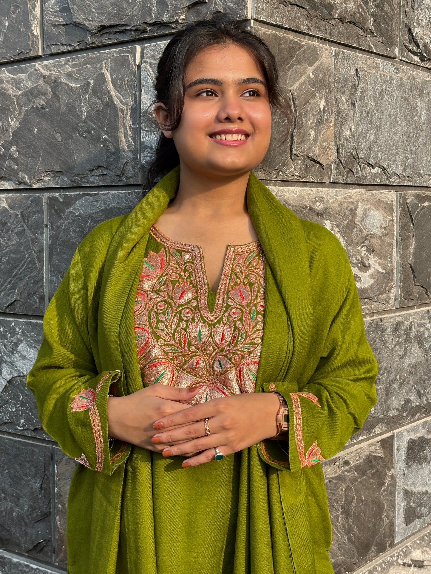 Olive Green Pure Wool Co-ord Set with Puff Tilla Embroidery & Matching Shawl