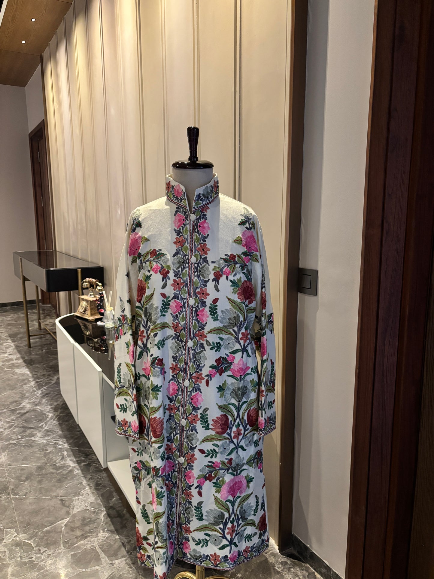 Off-White Kashmiri Embroidered Floral Coat