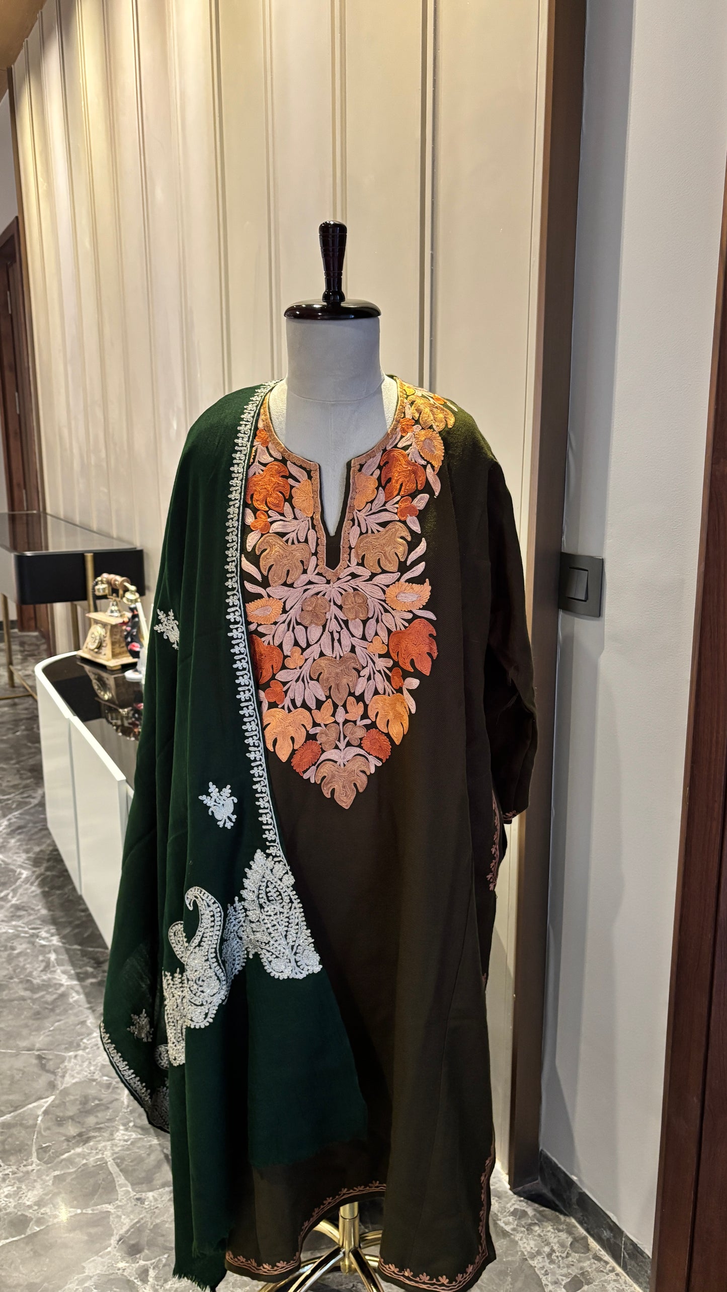 Traditional Kashmiri Aari Embroidered Phiran in Deep Olive