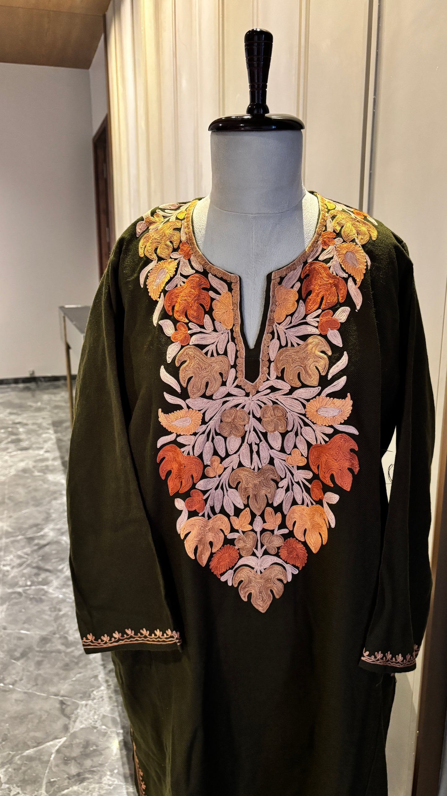 Traditional Kashmiri Aari Embroidered Phiran in Deep Olive