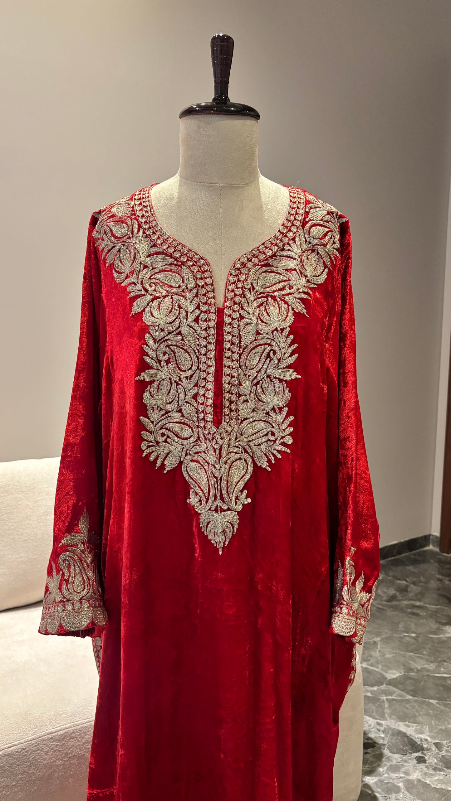 Kashmiri Red Makhmal Phiran with Heavy Tilla Work