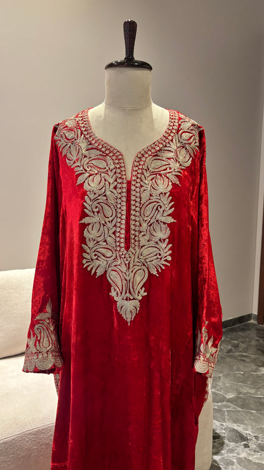 Kashmiri Red Makhmal Phiran with Heavy Tilla Work