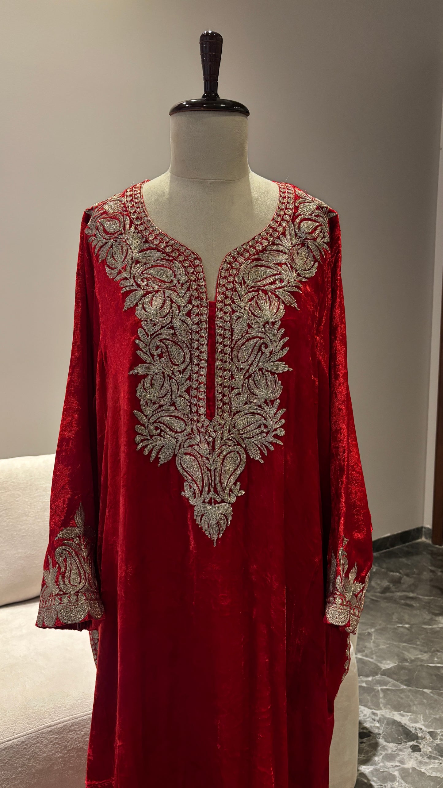 Kashmiri Red Makhmal Phiran with Heavy Tilla Work