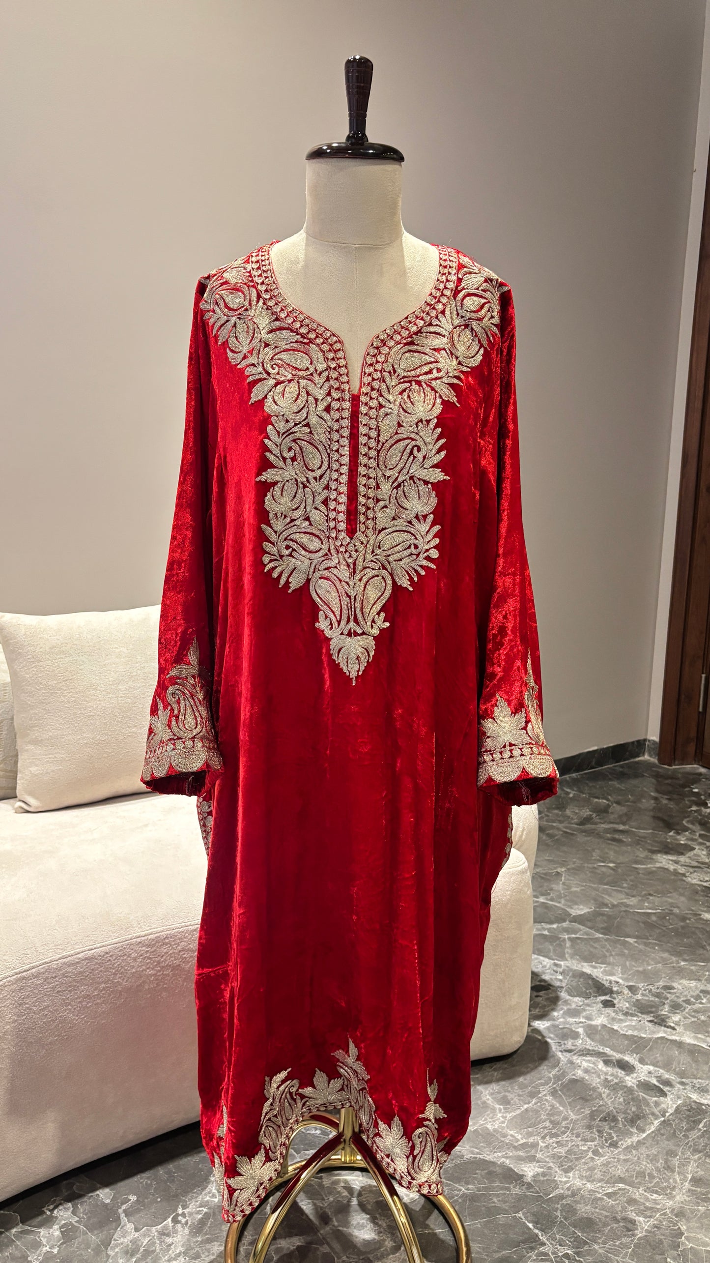Kashmiri Red Makhmal Phiran with Heavy Tilla Work