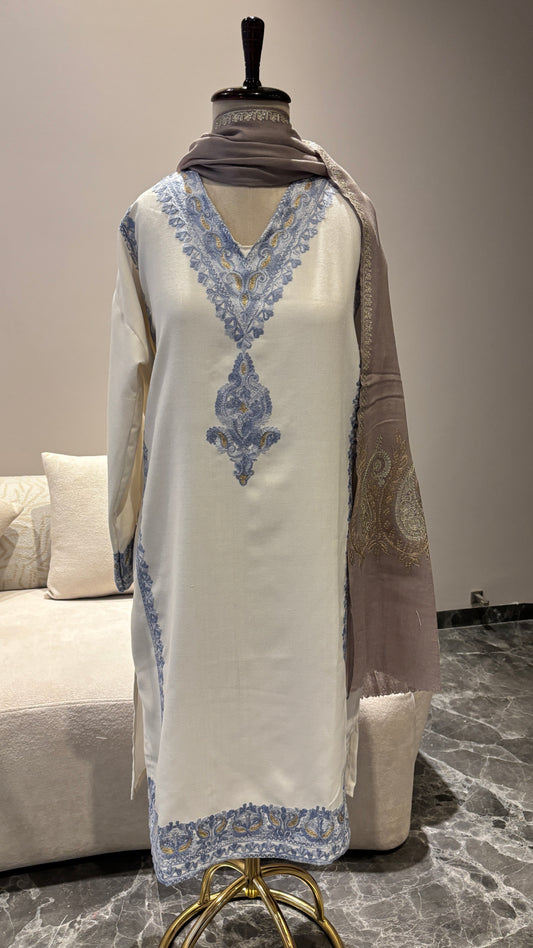 Ivory & Blue Kashmiri Threadwork Co-rd Set